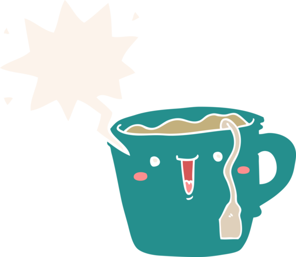 Bir insan tarafından çizilmiş eski moda konuşma baloncuklu şirin çizgi film kahve fincanı.