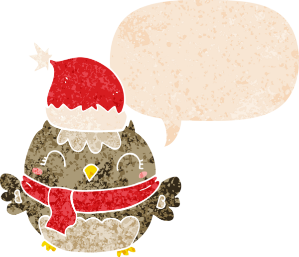 Bir insan tarafından çizilmiş grunge sıkıntılı retro stili konuşma baloncuğu ile sevimli noel baykuşu