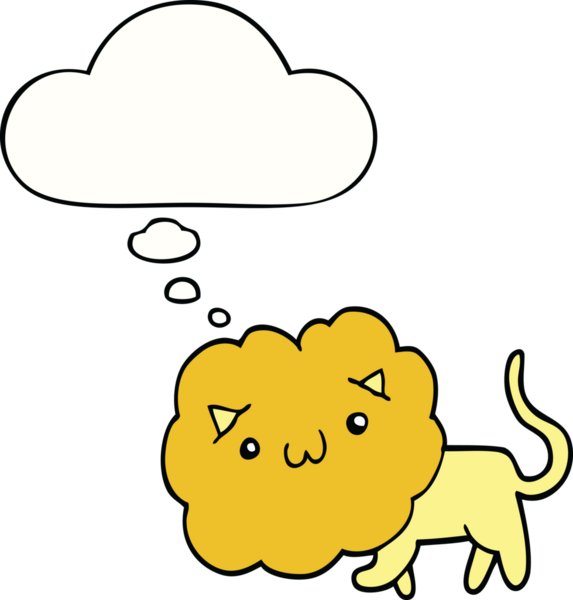 Bir insan tarafından çizilmiş düşünce baloncuğu olan sevimli çizgi film aslanı.