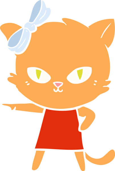 Sevimli düz renkli çizgi film kedisi bir insan tarafından çizilmiş elbise giyiyor.