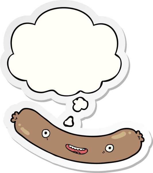 İnsan tarafından çizilmiş bir çıkartma olarak düşünce baloncuklu çizgi film sosisi.