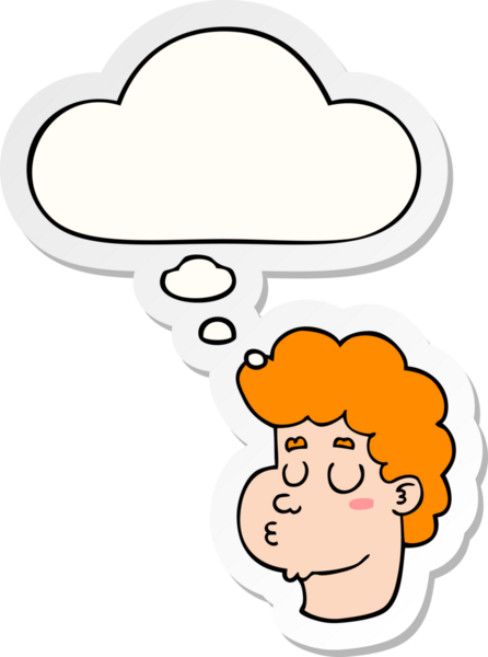 Düşünce baloncuklu çizgi film erkek yüzü bir insan tarafından çizilmiş çıkartma gibi.