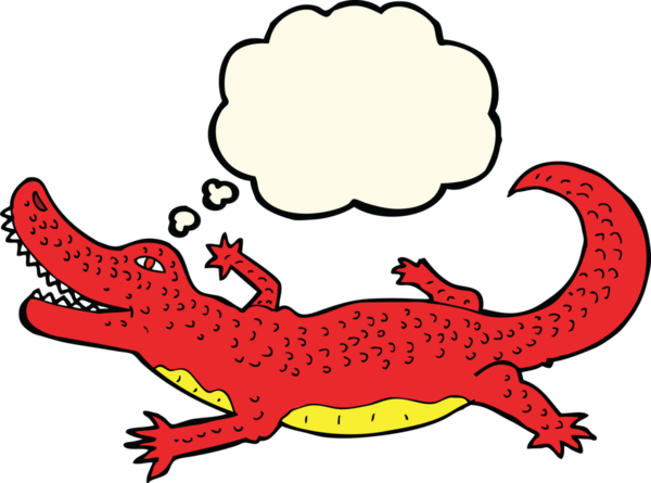 Bir insan tarafından çizilmiş düşünce baloncuklu timsah çizgi filmi.