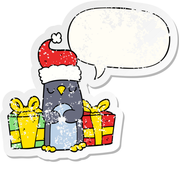 Konuşma baloncuğu olan sevimli noel pengueni bir insan tarafından çizilmiş kederli eski bir çıkartma.