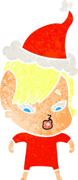 Bir insan tarafından çizilmiş Noel Baba şapkası giymiş şaşırmış bir kızın el çizimi karikatürü.