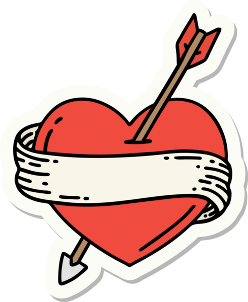 Bir insan tarafından çizilmiş ok kalp ve pankartın geleneksel stiliyle dövme çıkartması.