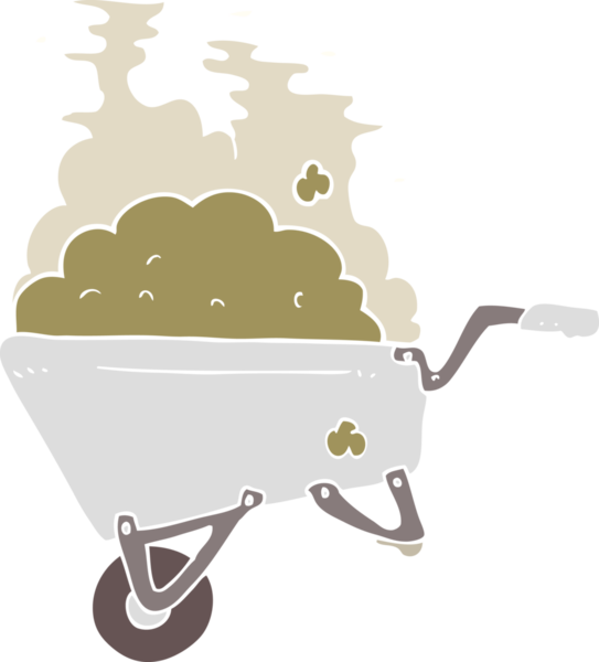 Bir insan tarafından çizilmiş toprak dolu el arabasının düz renk çizimi