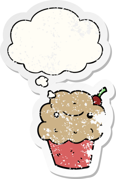 Düşünce baloncuklu çizgi film keki bir insan tarafından çizilmiş yıpranmış bir çıkartma.