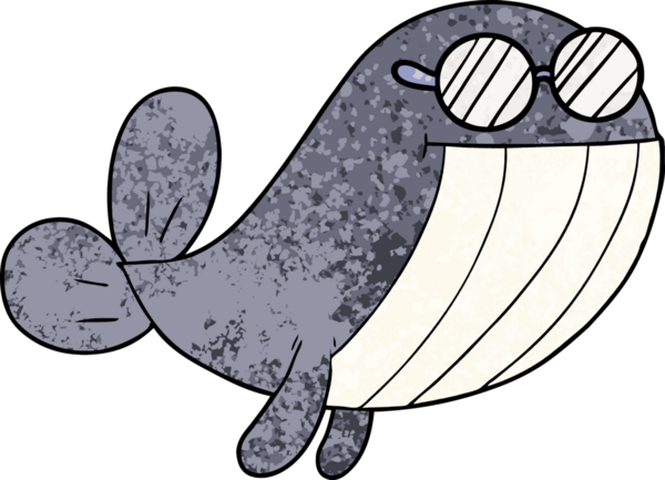 Bir insan tarafından çizilmiş gözlük takan bir balina.