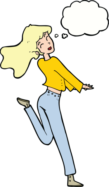 Çizgi filmdeki mutlu kız bir insan tarafından çizilmiş düşünce balonuyla bacağını tekmeliyor.