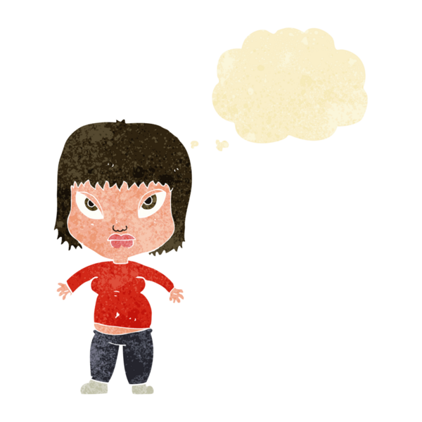 Düşünce baloncuğu bir insan tarafından çizilmiş kilolu kadın çizgi filmi.