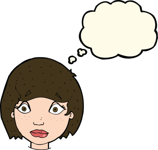 Bir insan tarafından çizilmiş düşünce kabarcığı olan endişeli kadın yüzü.