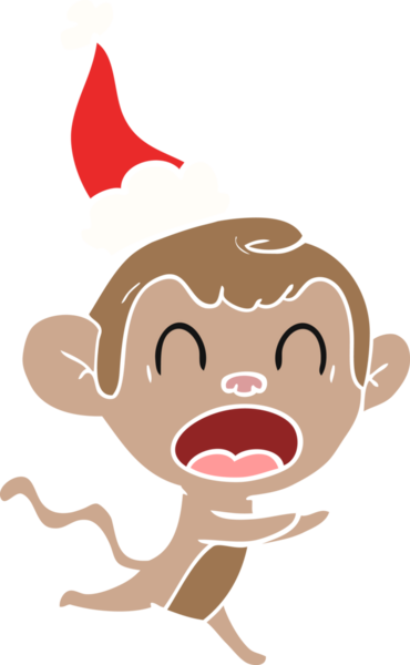 Bir insan tarafından çizilmiş Noel Baba şapkası takan bir maymunun düz renkli çizimi.