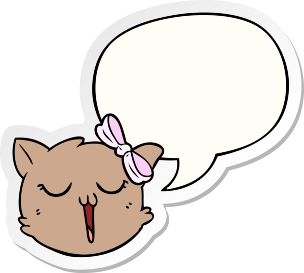 Bir insan tarafından çizilmiş konuşma kabarcığı çıkartmalı çizgi film kedisi yüzü.