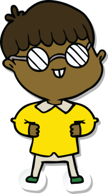 Bir insan tarafından çizilmiş gözlüklü bir çizgi film çocuğunun çıkartması.