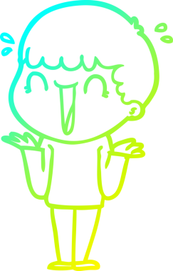 Bir insan tarafından çizilmiş omuzlarını silken gülen çizgi film karakterinin soğuk gradyan çizgisi.