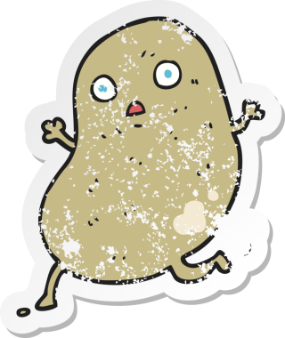 Bir insan tarafından çizilen patates çizgi filminin gerilimli retro çıkartması.