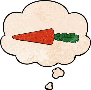 Düşünce baloncuklu çizgi film havucu. Bir insan tarafından çizilmiş grunge desen tarzı.