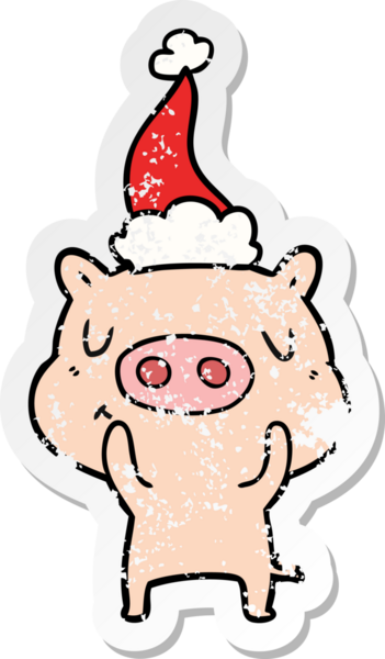 Bir insan tarafından çizilmiş Noel Baba şapkası giymiş içerik bir domuzun el çizimi çıkartması.