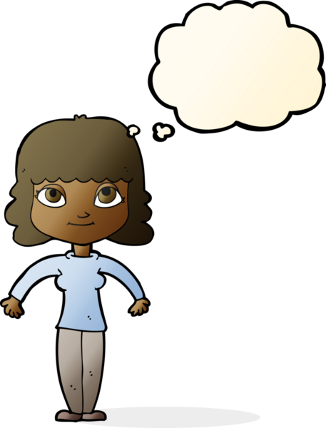 Bir insan tarafından çizilmiş düşünce baloncuğuyla omuz silken çizgi film kadını.