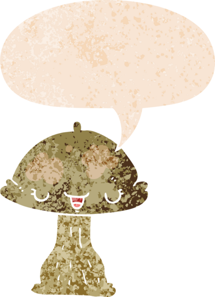 bir insan tarafından çizilmiş grunge sıkıntılı retro desenli konuşma baloncuklu çizgi film mantarı