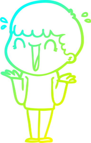 Bir insan tarafından çizilmiş omuzlarını silken gülen çizgi film karakterinin soğuk gradyan çizgisi.