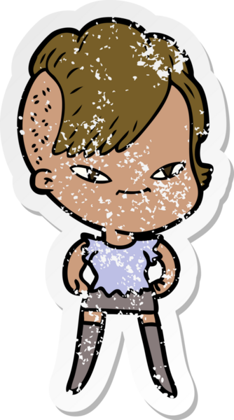 Hipster saç kesimi bir insan tarafından çizilmiş tatlı bir çizgi film kızına ait sıkıntılı bir etiket.