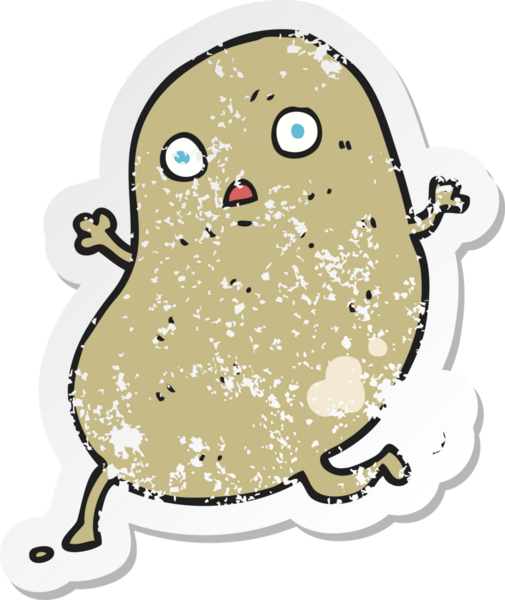 Bir insan tarafından çizilen patates çizgi filminin gerilimli retro çıkartması.