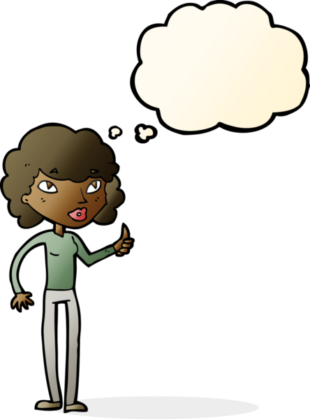 Bir insan tarafından çizilmiş düşünce baloncuğuyla baş parmağıyla işaret veren çizgi film kadını.