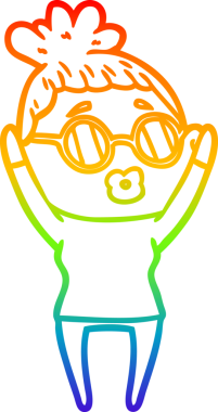 Bir insan tarafından çizilmiş güneş gözlüğü takan çizgi film kadını çizimi.