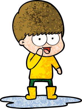 Bir insan tarafından çizilmiş su birikintisinde sıçrayan mutlu çizgi film çocuğu.