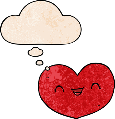 insan tarafindan çizilmis grunge dokuma tarzinda dusunce baloncuklari olan karikatür ask kalbi.