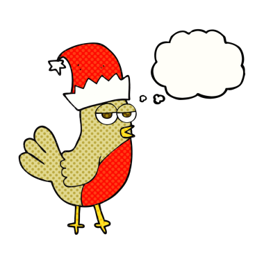 El yazısıyla çizilmiş düşünce balonu robin noel şapkası bir insan tarafından çizilmiş.