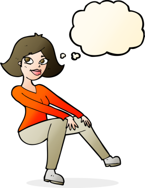 Bir insan tarafından çizilmiş düşünce baloncuğuyla oturan mutlu bir kadın.