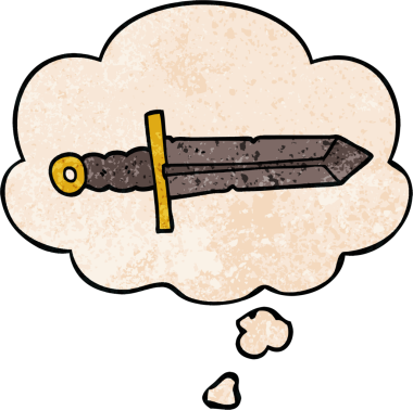 Bir insan tarafından çizilmiş grunge desenli düşünce baloncuklu çizgi film kılıcı.