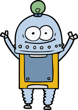 Bir insan tarafından çizilmiş ampullü mutlu karton robot.