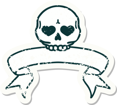 Bir insan tarafından çizilmiş kafatasının pankartıyla eski bir etiket.