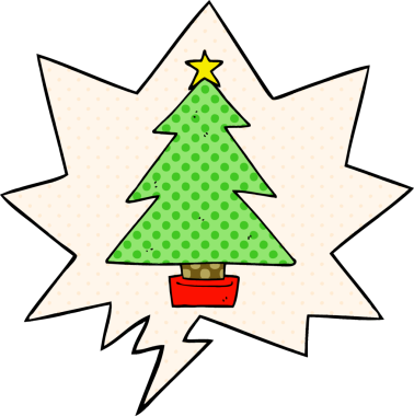 Bir insan tarafından çizilmiş çizgi roman tarzında konuşma baloncuğu olan bir noel ağacı.