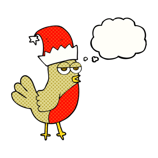 El yazısıyla çizilmiş düşünce balonu robin noel şapkası bir insan tarafından çizilmiş.