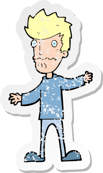 Bir insan tarafından çizilmiş, gerilmiş, karikatürlü bir adamın gerilmiş retro yapıştırması.