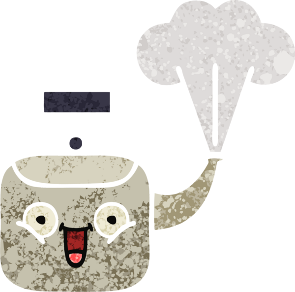 Bir insan tarafından çizilen dumanı tüten bir çaydanlığın retro çizim tarzı karikatürü