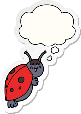 Bir insan tarafından çizilmiş bir çıkartma olarak düşünce balonlu sevimli uğur böceği çizgi filmi.