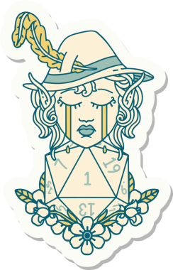 Ağlayan bir elf şair karakterinin çıkartması. Bir insan tarafından çizilmiş doğal bir D20 rulosu.