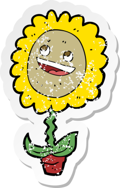 Bir insan tarafından çizilmiş mutlu ayçiçeği çizgi filminin kederli retro yapıştırması.