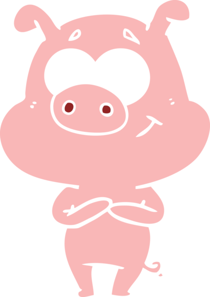 Bir insan tarafından çizilmiş mutlu düz renkli çizgi film domuzu