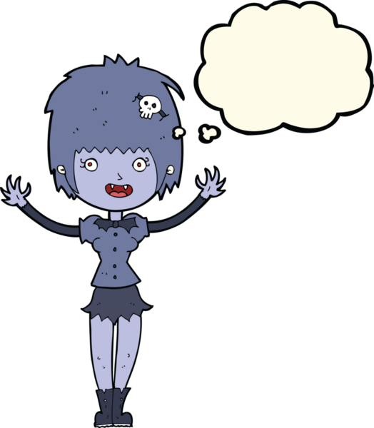 Bir insan tarafından çizilmiş düşünce balonlu vampir kız.