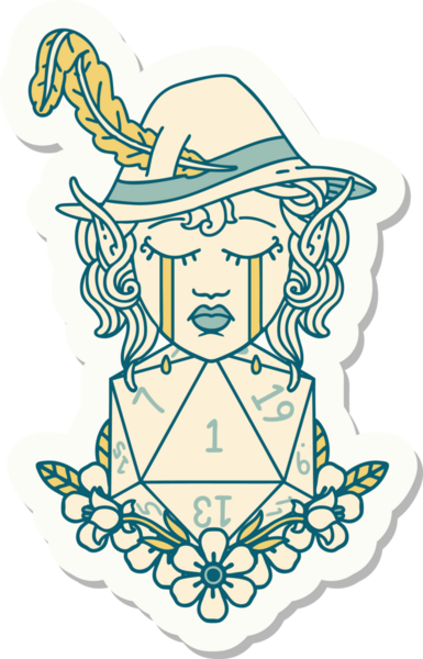 Ağlayan bir elf şair karakterinin çıkartması. Bir insan tarafından çizilmiş doğal bir D20 rulosu.