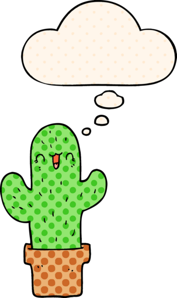 Çizgi roman tarzında bir insan tarafından çizilmiş düşünce baloncuklu çizgi film kaktüsü.
