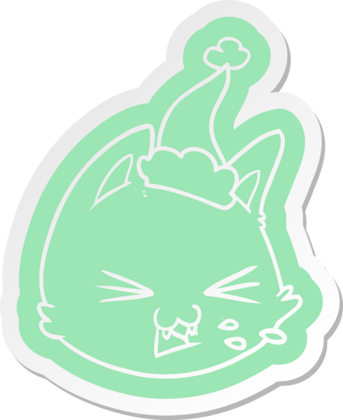 Bir insan tarafından çizilmiş Noel Baba şapkası giyen kedi suratlı tuhaf bir karikatür çıkartması.