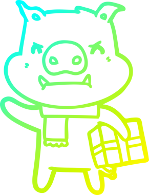 Bir insan tarafından çizilmiş yılbaşı hediyeli kızgın bir domuzun soğuk çizgi çizimi.